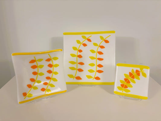 Plate, bowl and coaster - yellow on white